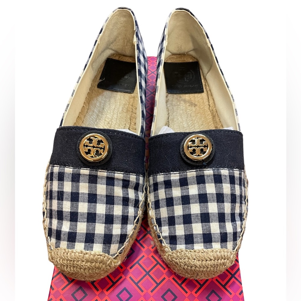 Tory Burch blue gingham espadrilles EUC